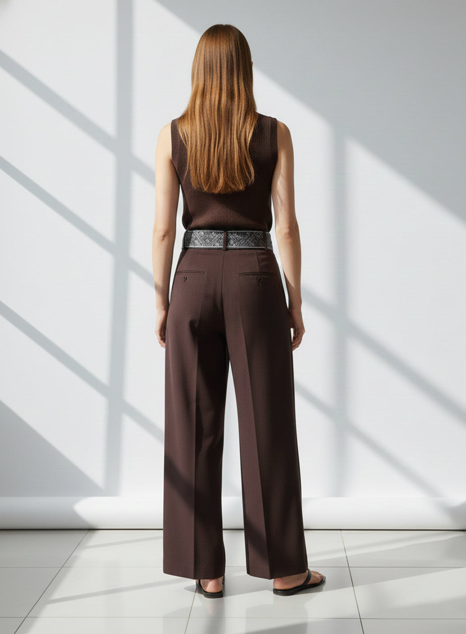 Ribbon Belt Wide-Leg Trouser (Brown)