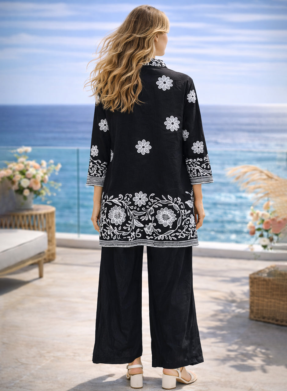 Printed Shirt And Plain Trouser Set Black