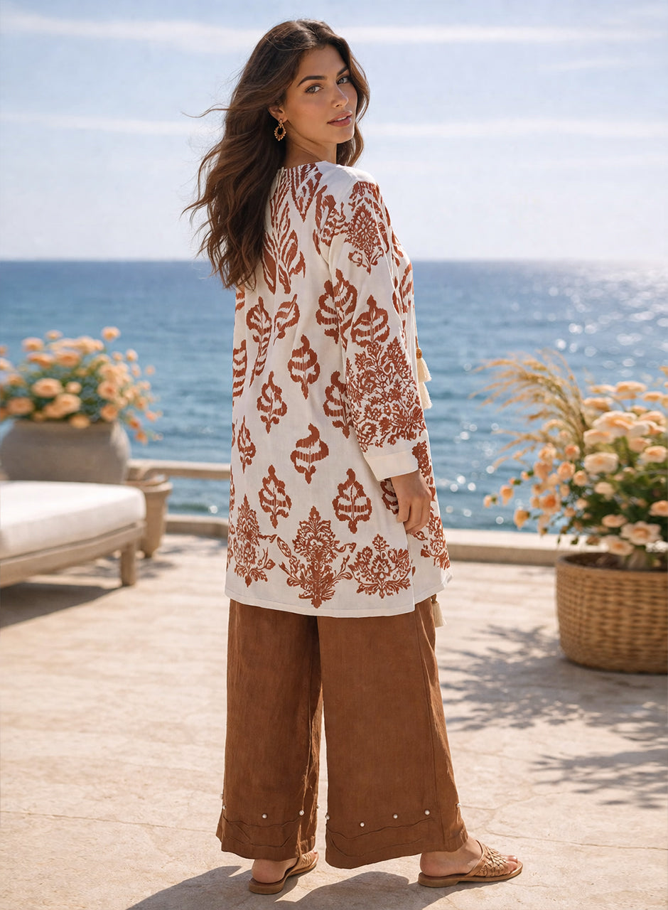 Collar Printed Two-Piece Shirt And Trouser Brown