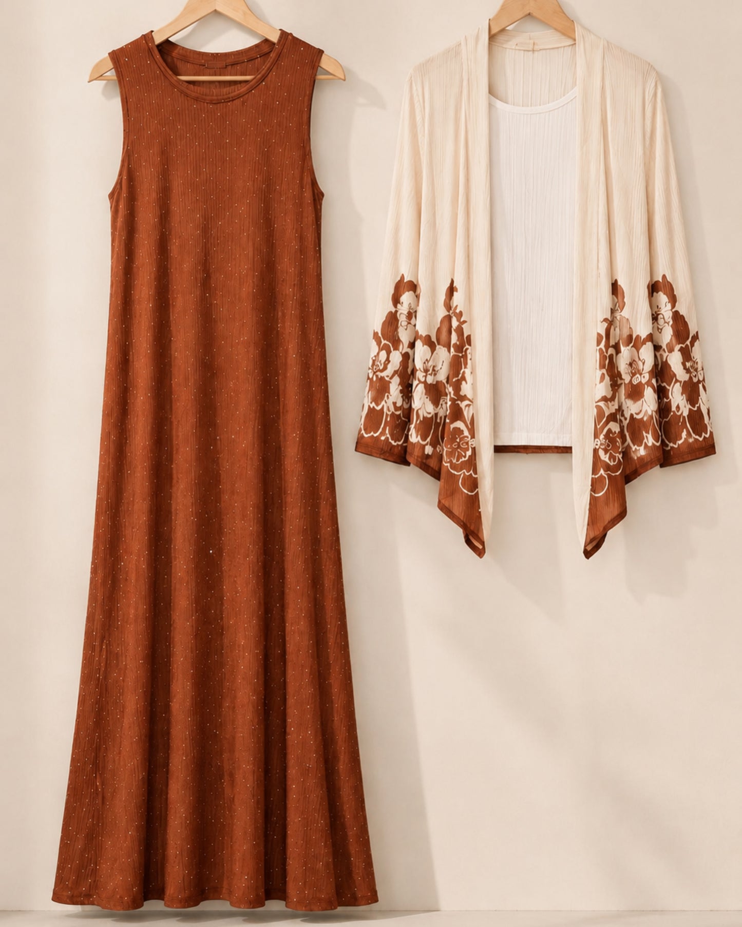 Two-Piece Floral Print Maxi Dress & Cardigan Set - Brown