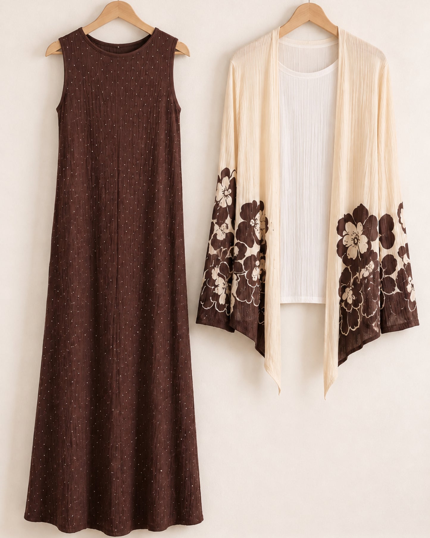 Two-Piece Floral Print Maxi Dress & Cardigan Set - Chocolate Brown