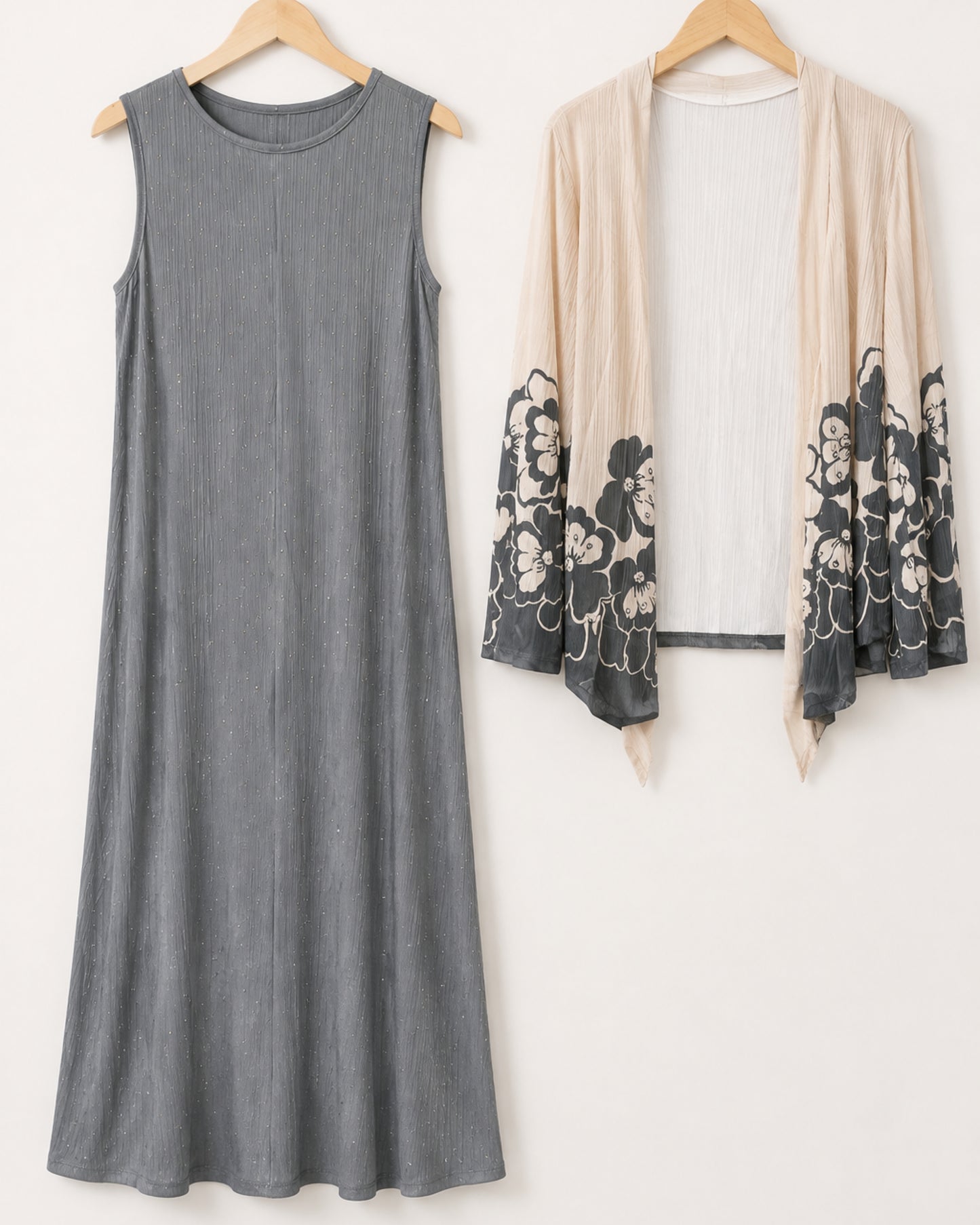 Two-Piece Floral Print Maxi Dress & Cardigan Set - Grey