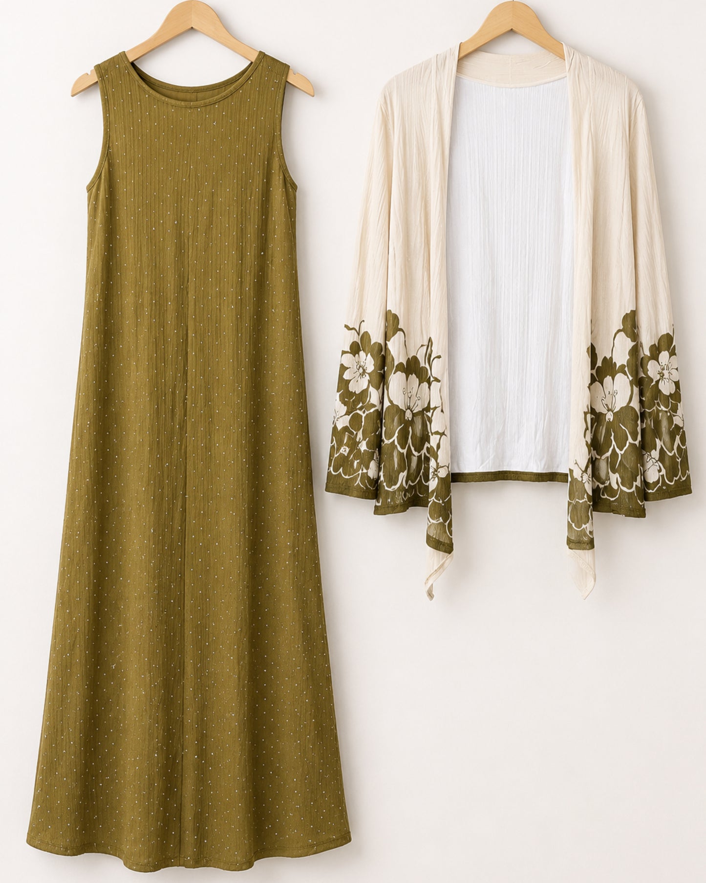Two-Piece Floral Print Maxi Dress & Cardigan Set - Olive Green