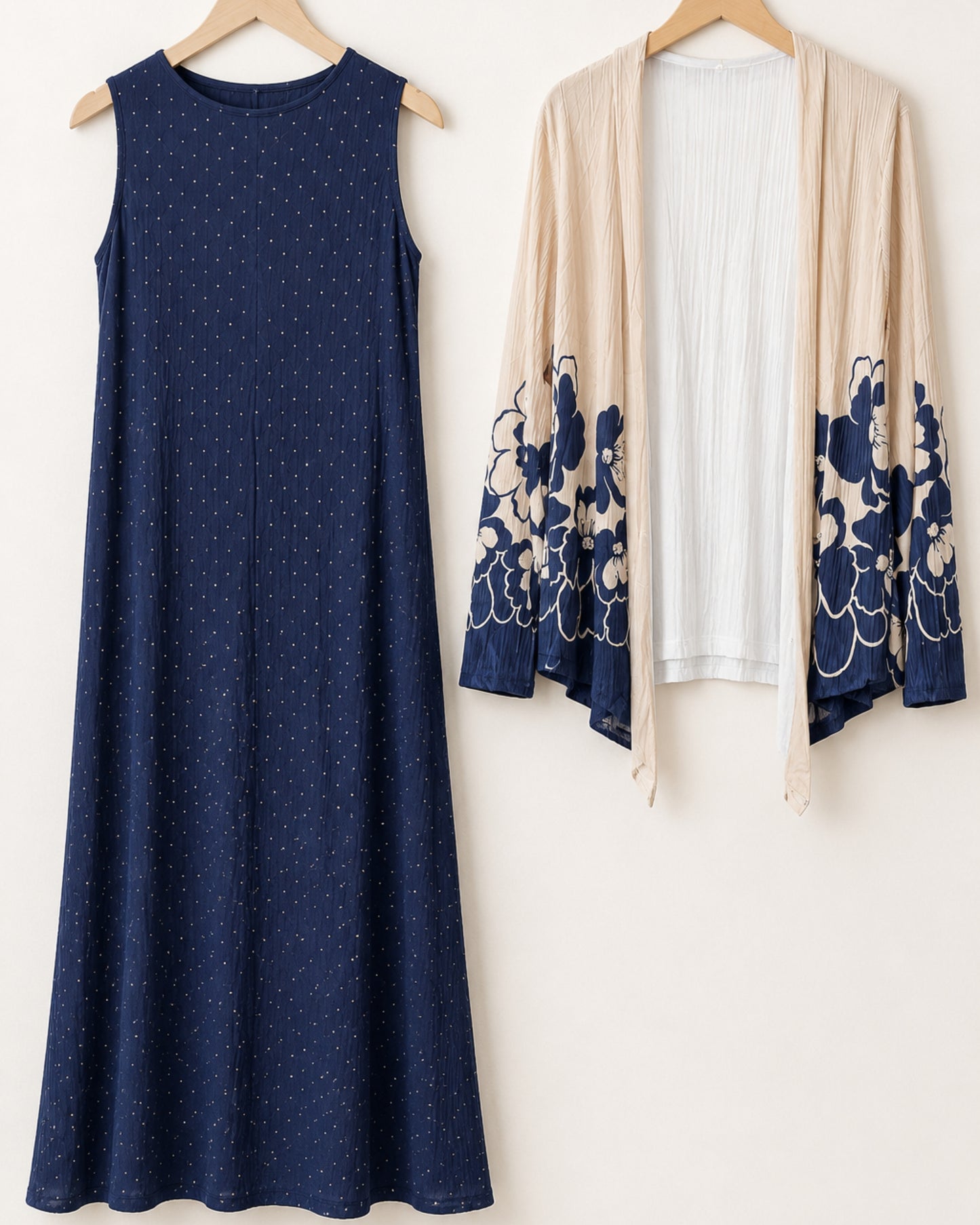 Two-Piece Floral Print Maxi Dress & Cardigan Set - Navy Blue