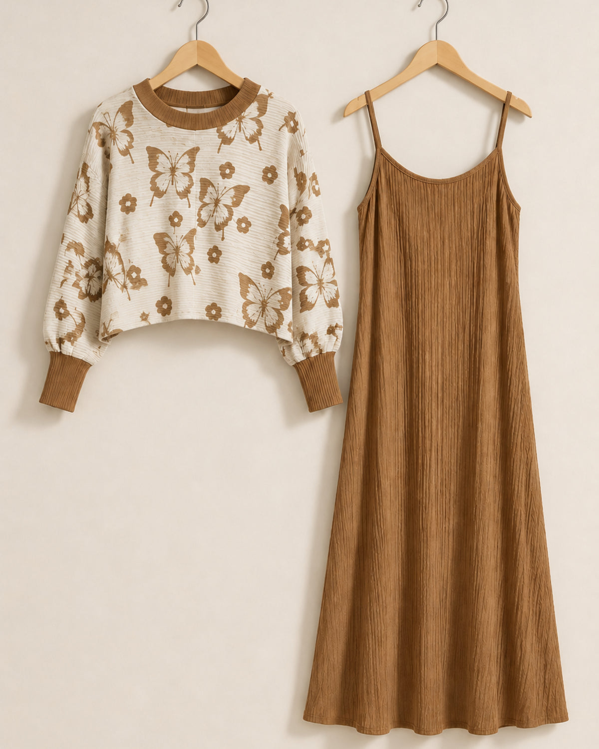 Two-Piece Butterfly Print Pleated Dress - Brown
