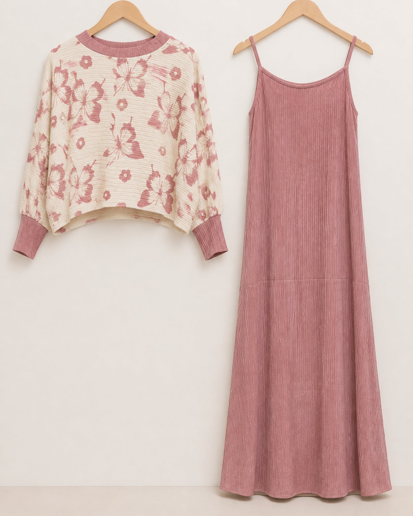 Two-Piece Butterfly Print Pleated Dress - Pink