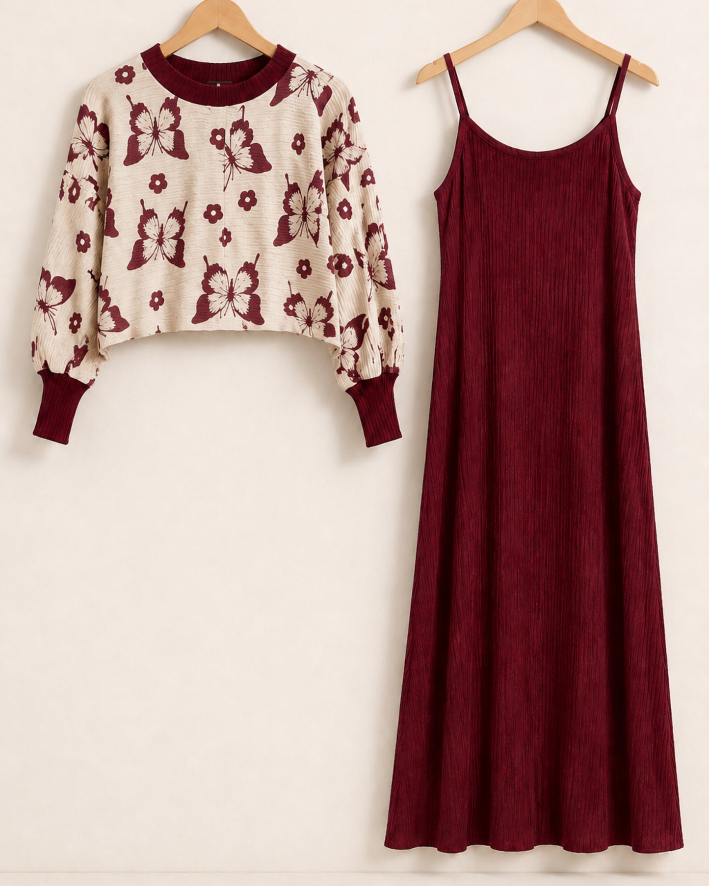 Two-Piece Butterfly Print Pleated Dress - Maroon