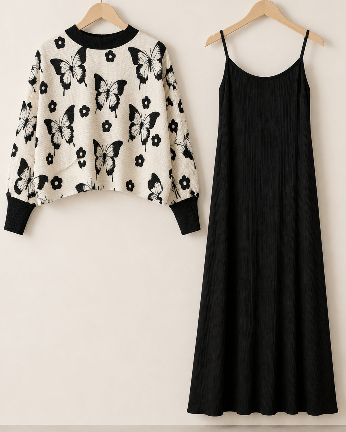 Two-Piece Butterfly Print Pleated Dress - Black