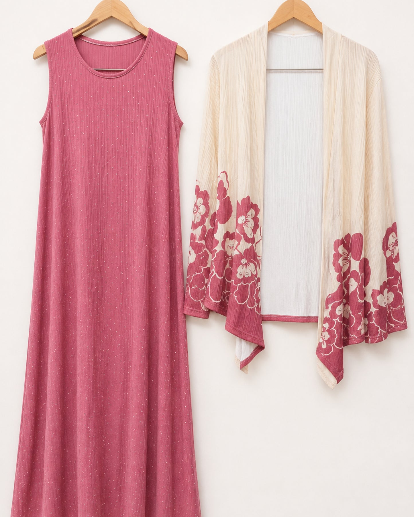 Two-Piece Floral Print Maxi Dress & Cardigan Set - Pink