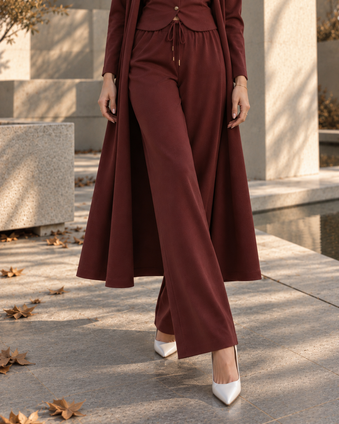 FW26 -Three-piece Vest, Trousers & Long Coat Set - Maroon