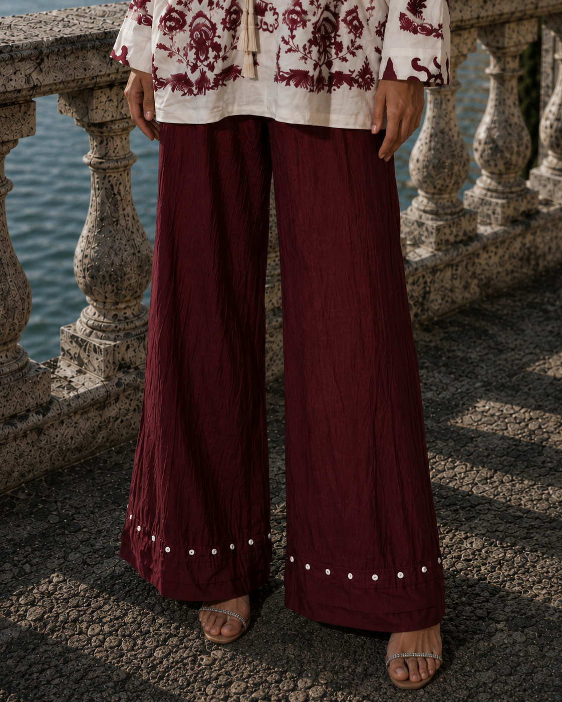 Collar Printed Two-Piece Shirt And Trouser Maroon