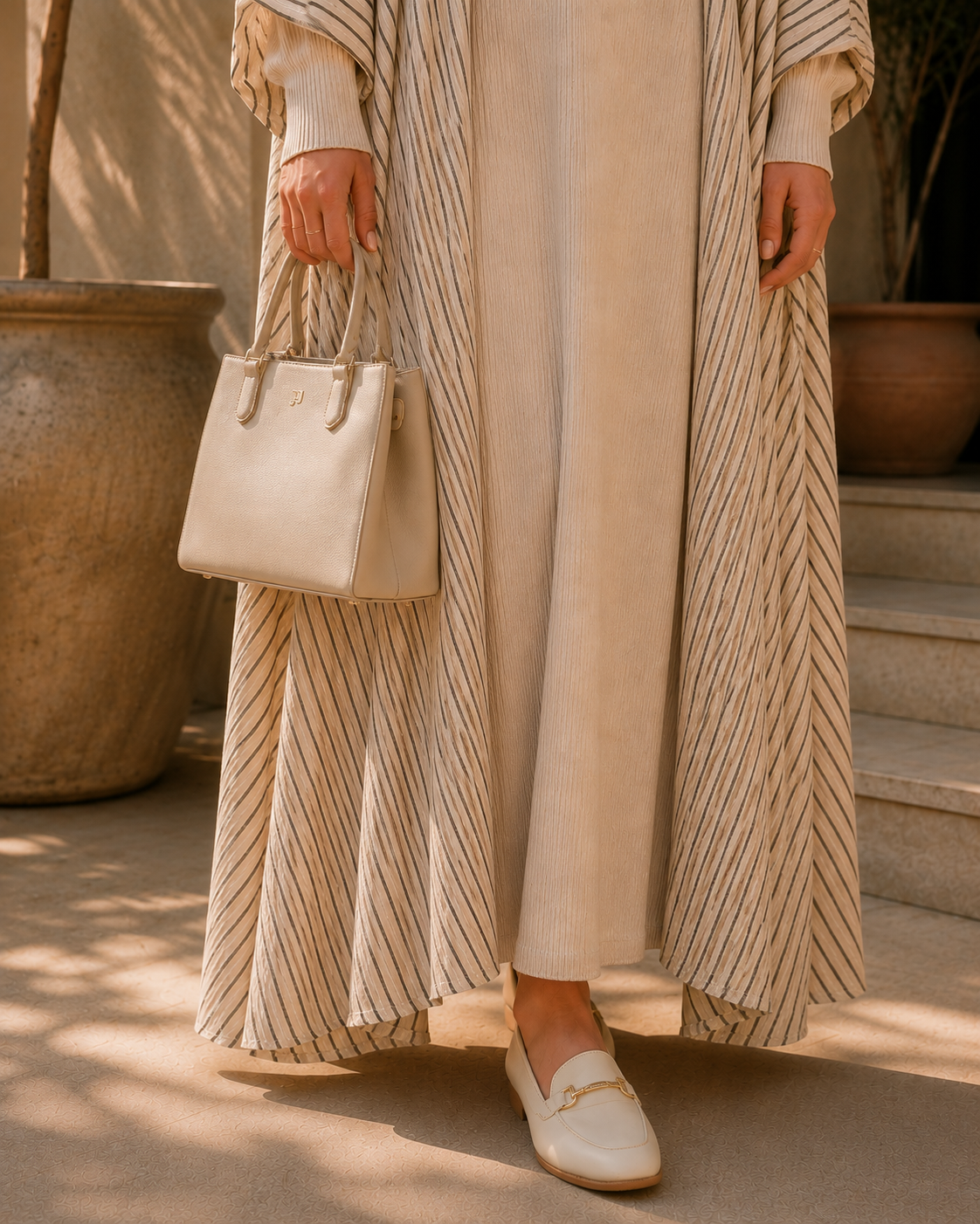 Two-piece Stripped Cape and Inner Set - Cream
