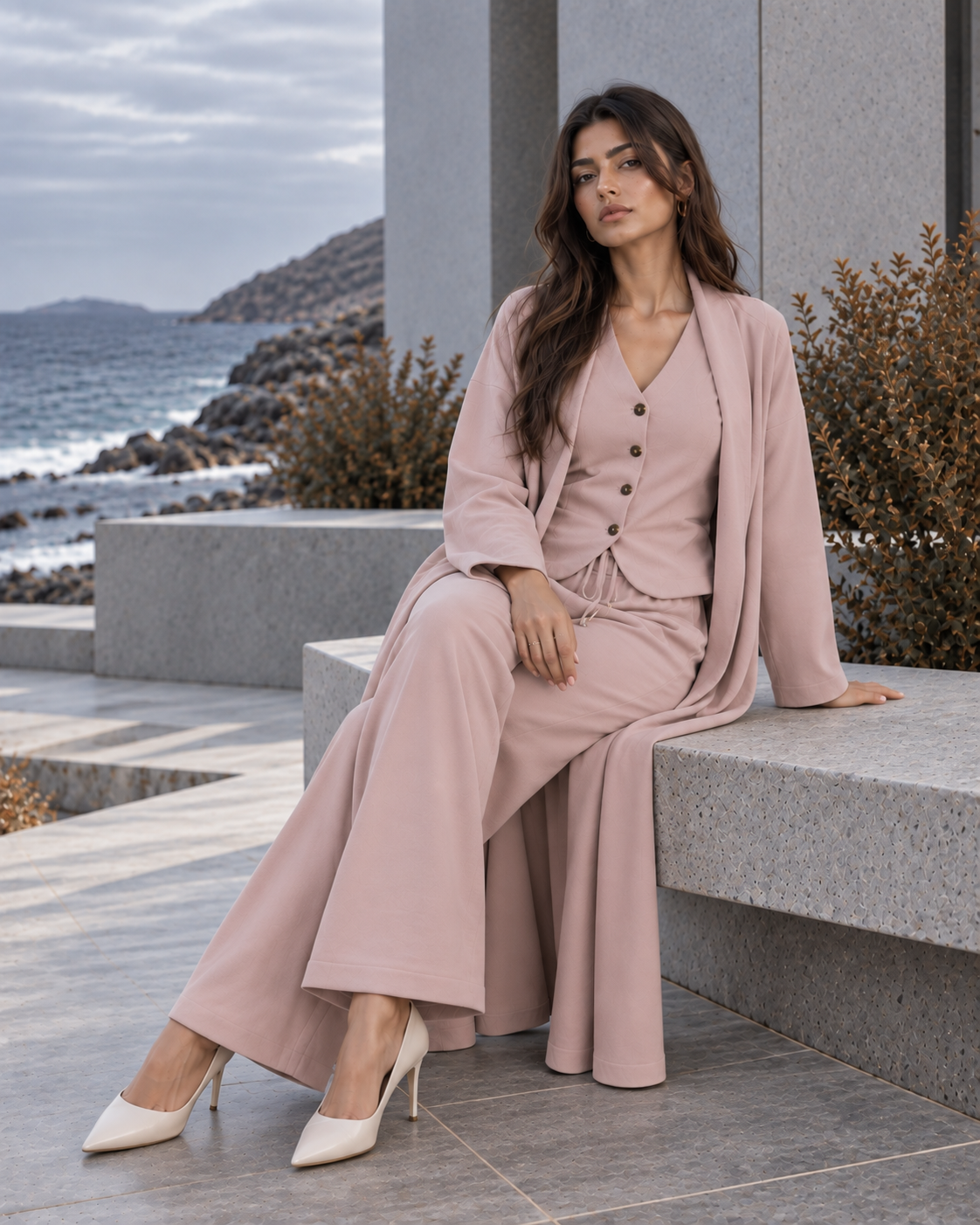 FW26 -Three-piece Vest, Trousers & Long Coat Set - Dusty Pink