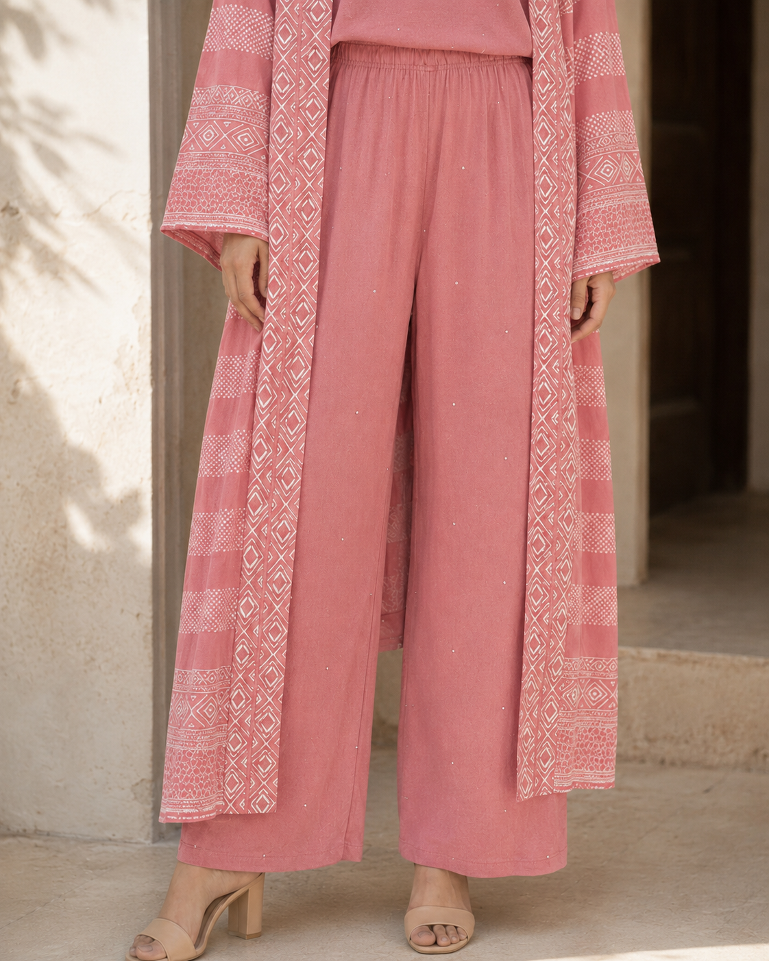 Three-piece -Embellished Shirt, Trouser And Cardigan Set - Dusty Rose