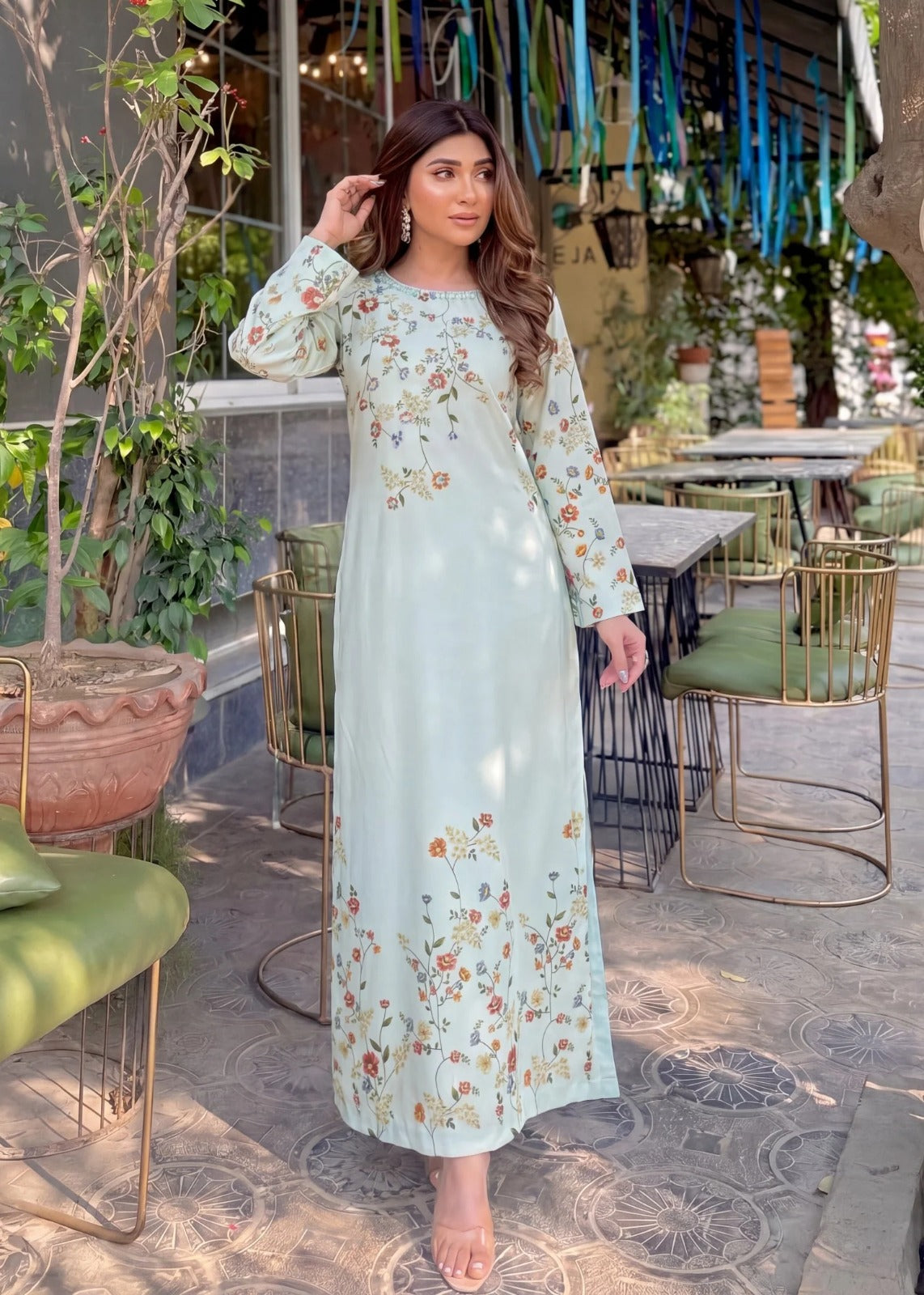 Polysilk Kaftan With Hand Embroidery - Sky Blue