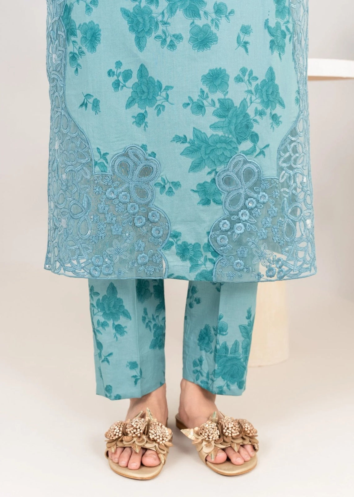 Three Piece Embroidered Lawn Suit - Sea Green