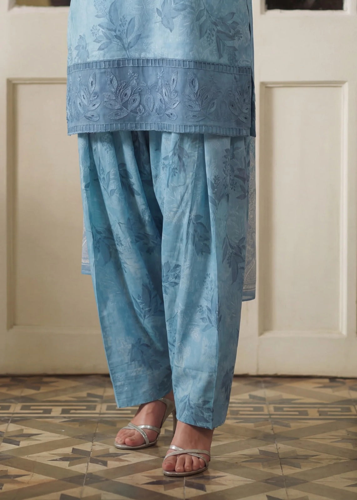 Three Piece Embroidered Lawn Suit - Blue