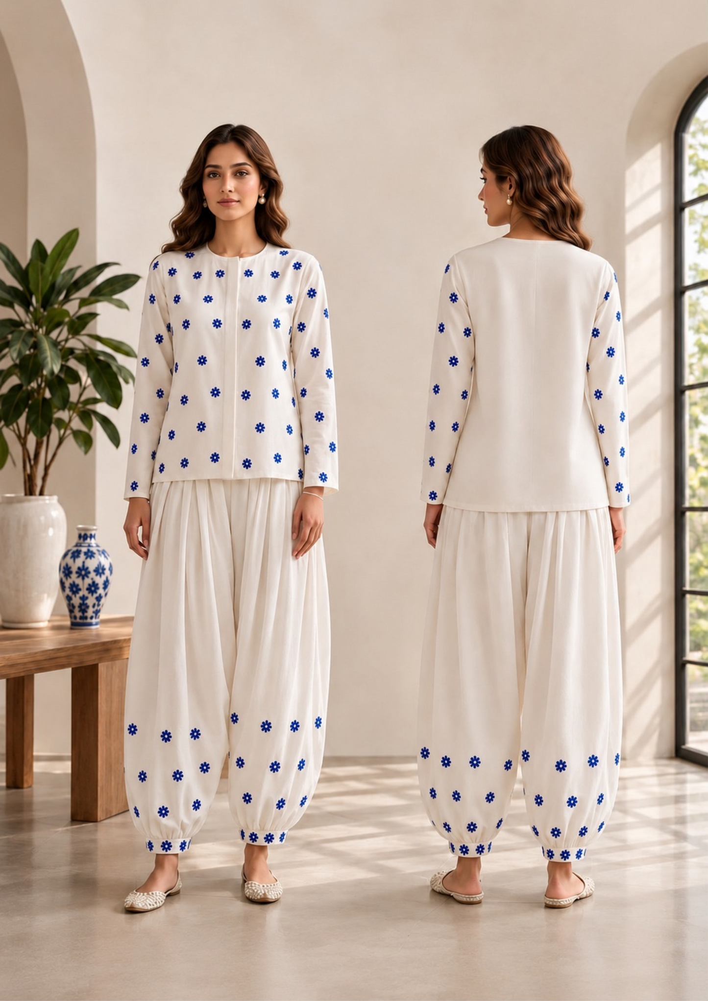 Off-White & Royal Blue Floral Embroidered Georgette Shalwar Co-Ord Set