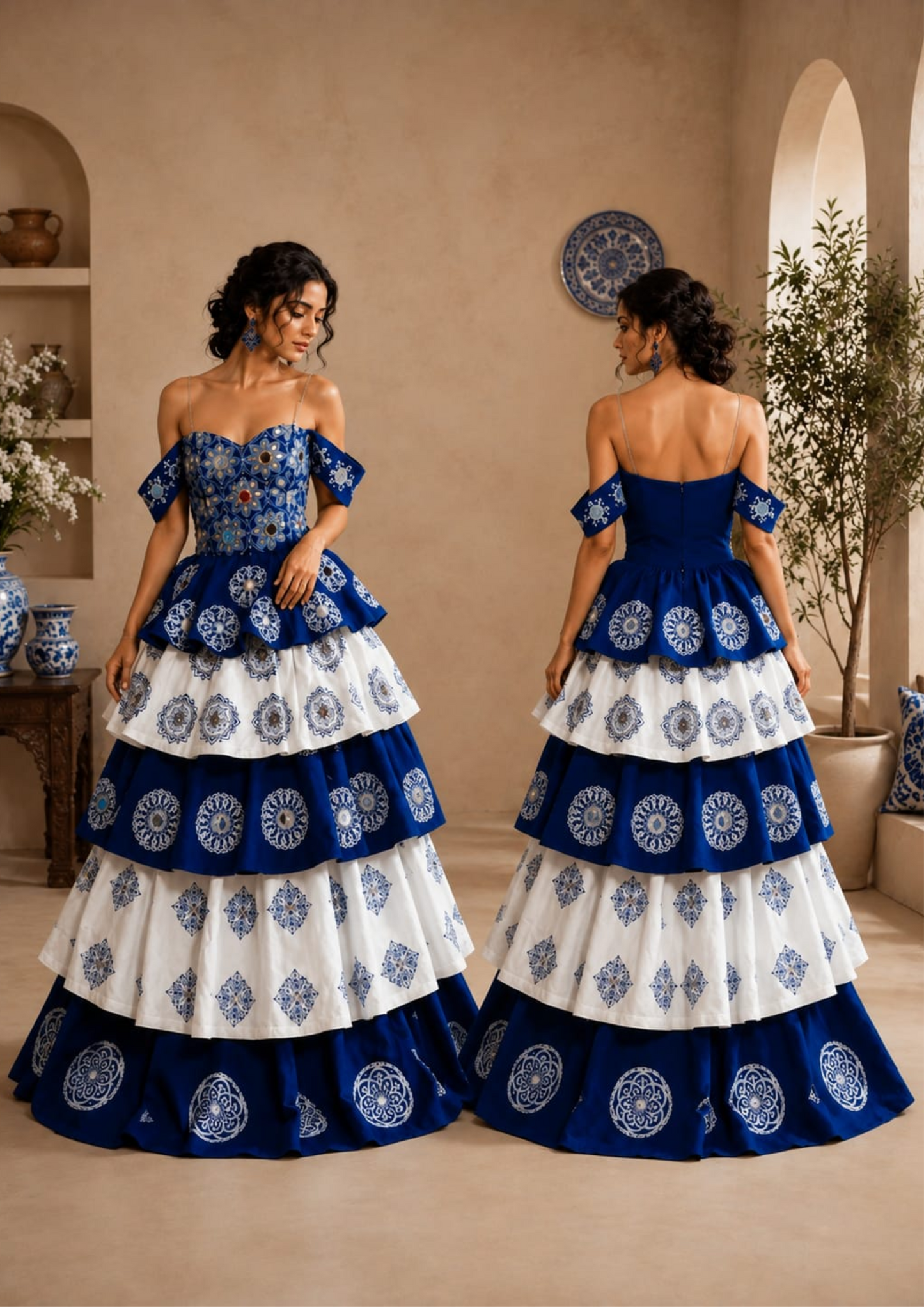 Royal Blue & White Tiered Denim Couture Gown