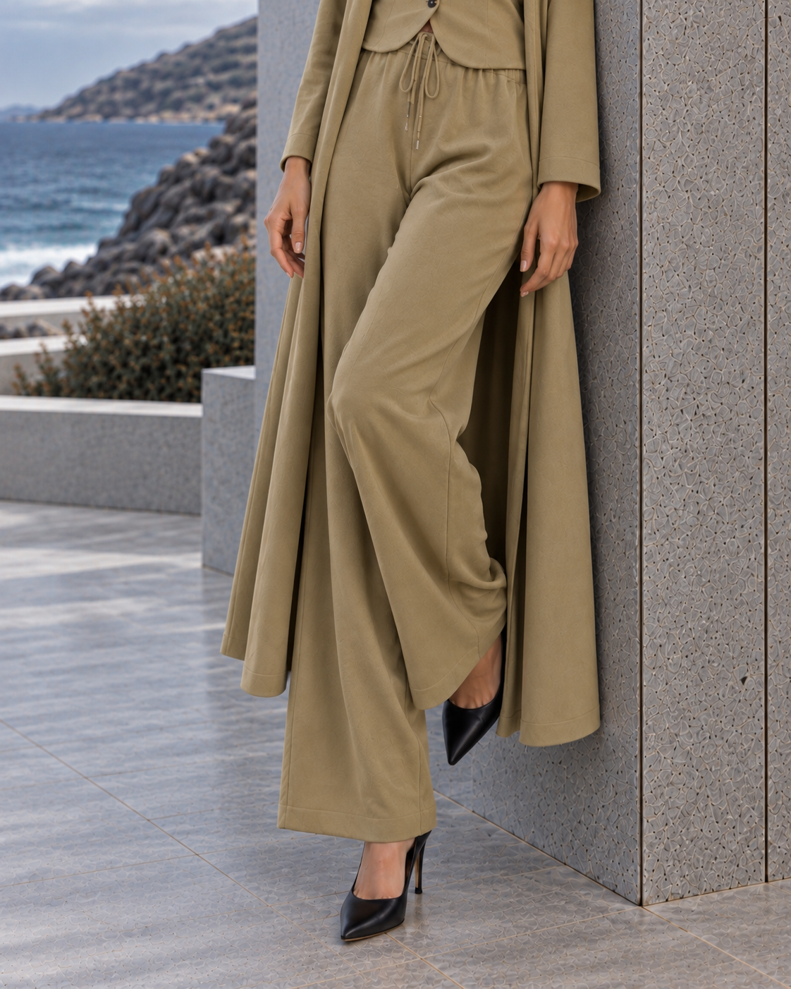 FW26 -Three-piece Vest, Trousers & Long Coat Set - Khaki