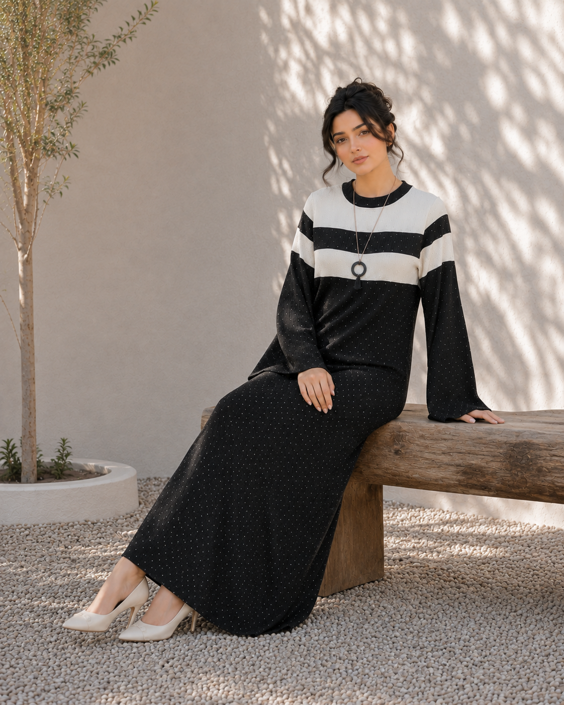 One-Peice Embellished Color Block Dress - Black