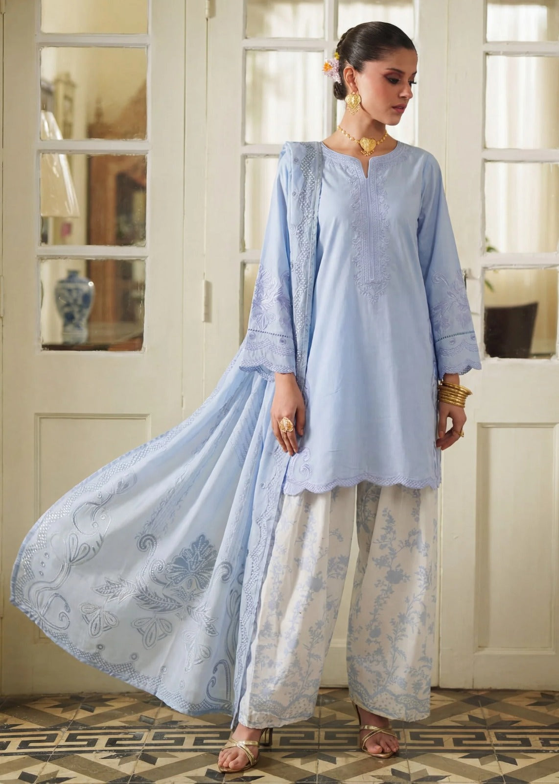 Three Piece Embroidered Lawn Suit Ice Blue