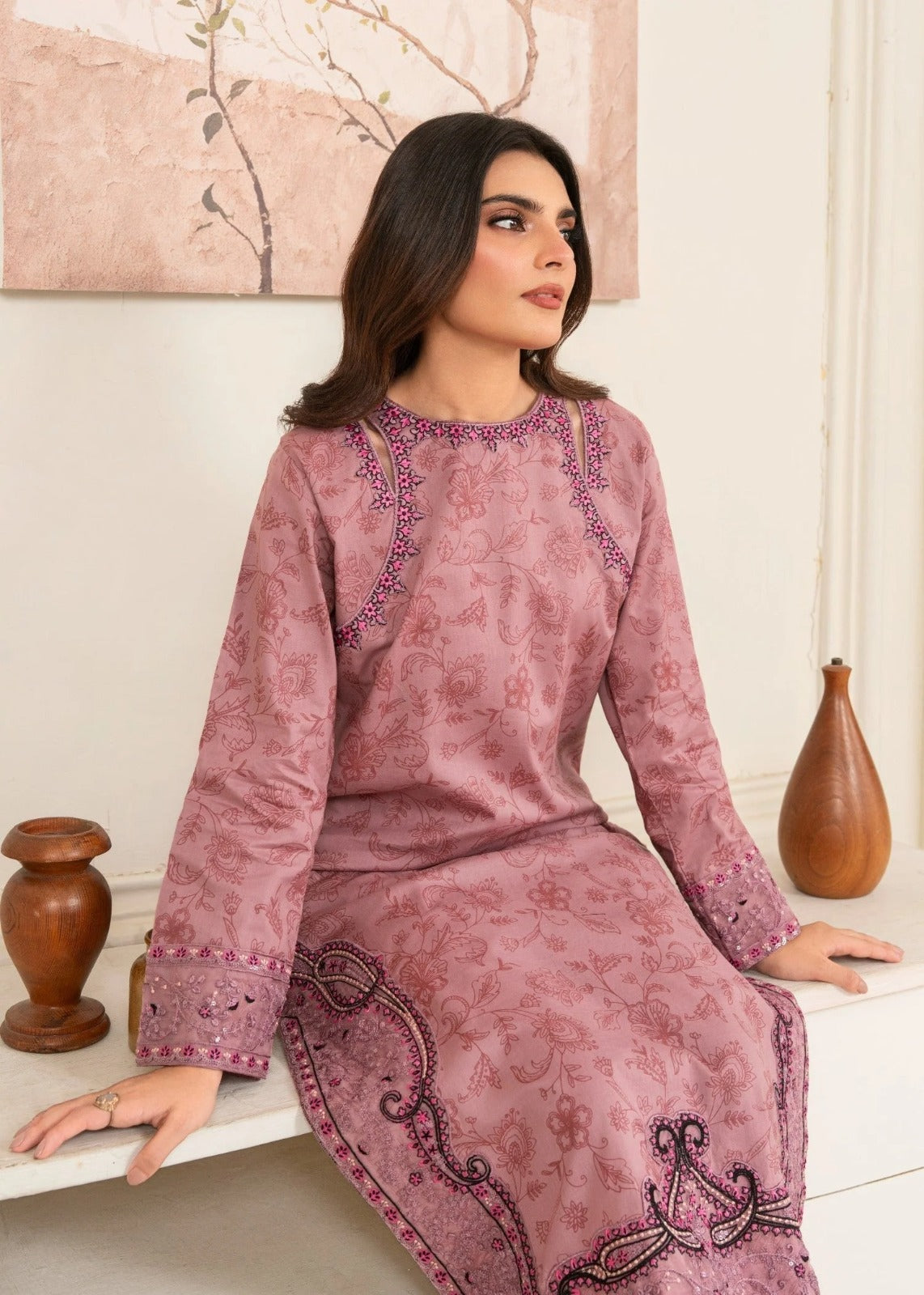 Two Piece Printed Lawn Set - Mauve