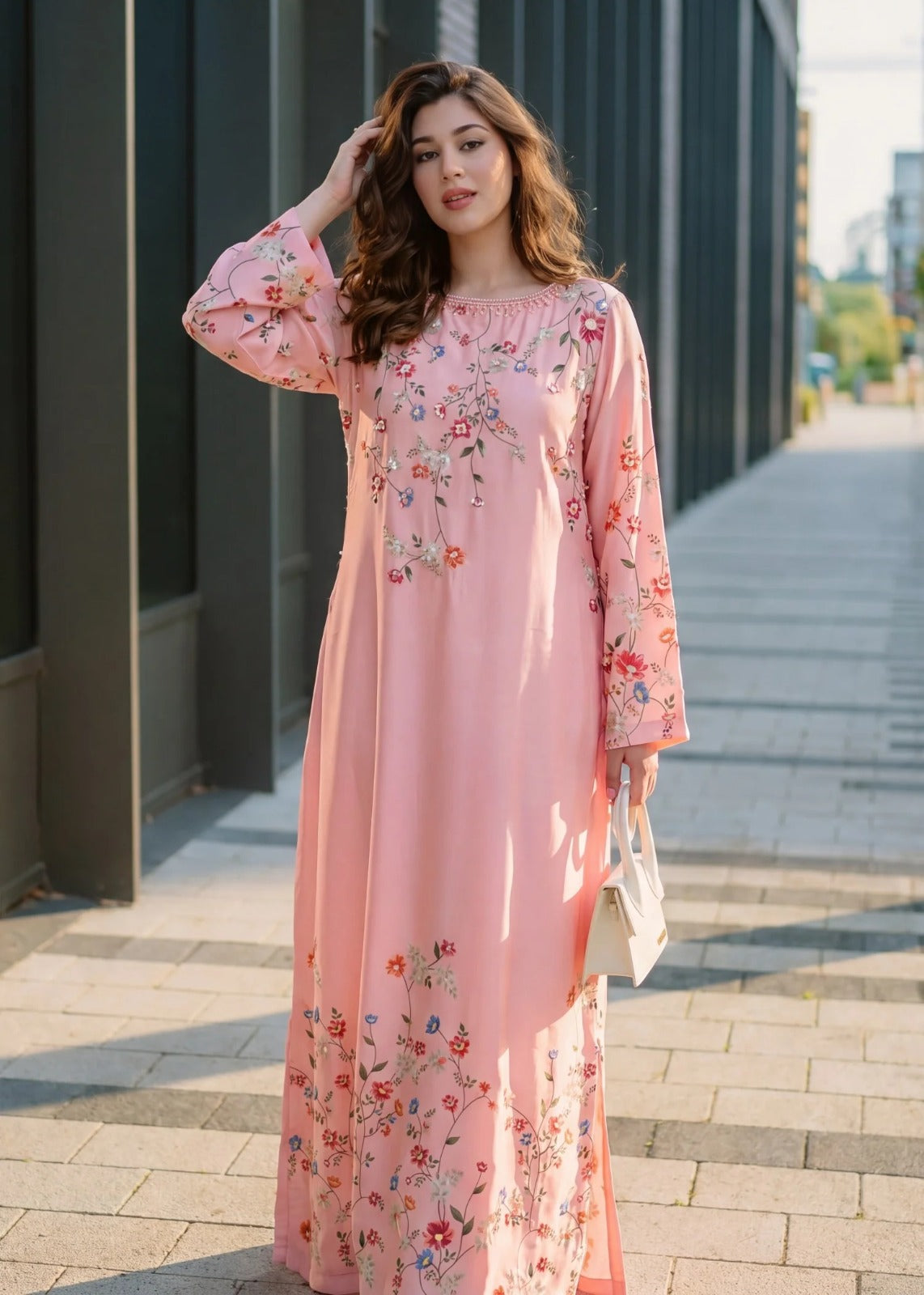 Polysilk Kaftan With Hand Embroidery - Pink