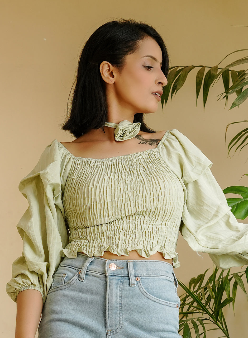 Pastel Green Pleated Top with Rose-Shaped Neck Piece