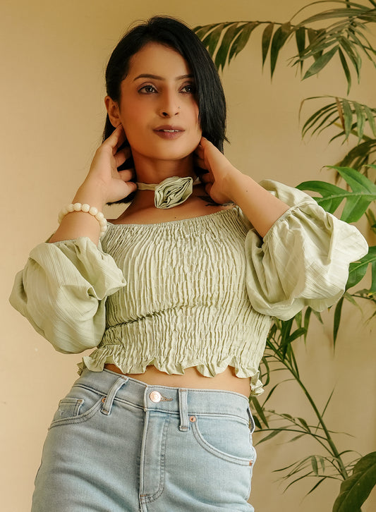 Pastel Green Pleated Top with Rose-Shaped Neck Piece