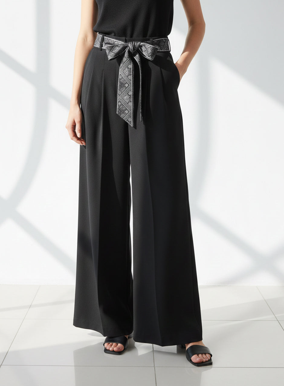 Ribbon Belt Wide-Leg Trouser (Black)