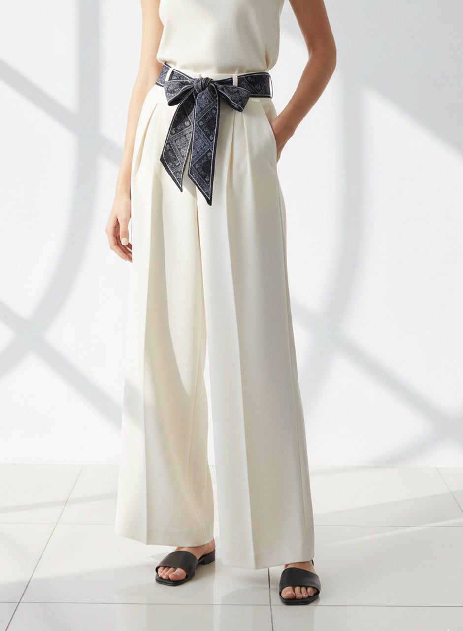 Ribbon Belt Wide-Leg Trouser (White)