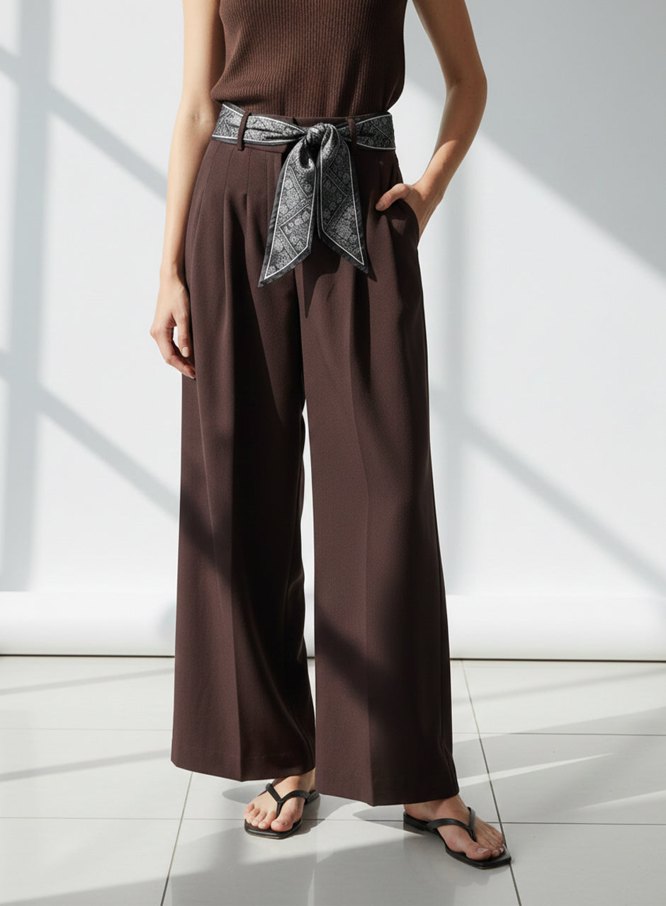 Ribbon Belt Wide-Leg Trouser (Brown)