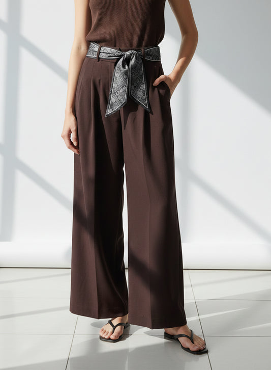 Ribbon Belt Wide-Leg Trouser (Brown)