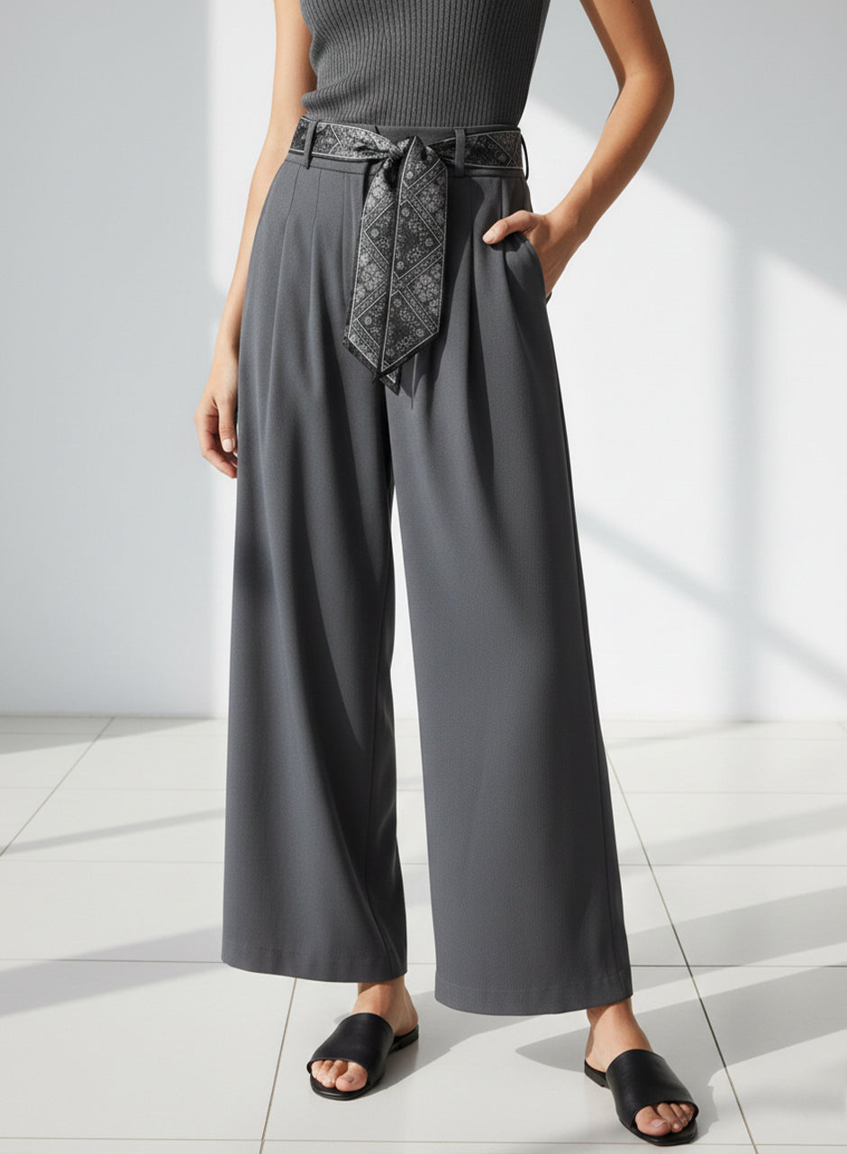 Ribbon Belt Wide-Leg Trouser (Grey)