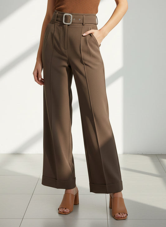 Wide-Leg Trouser With Belt (Dark Brown)