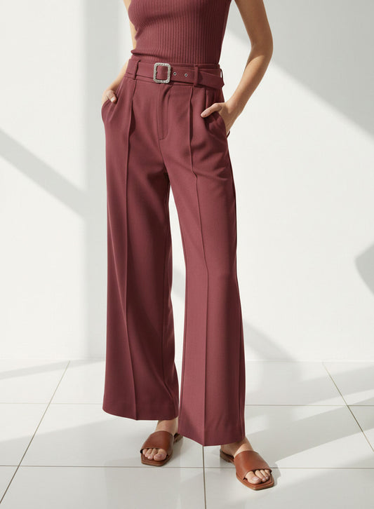 Wide-Leg Trouser With Belt (Maroon)