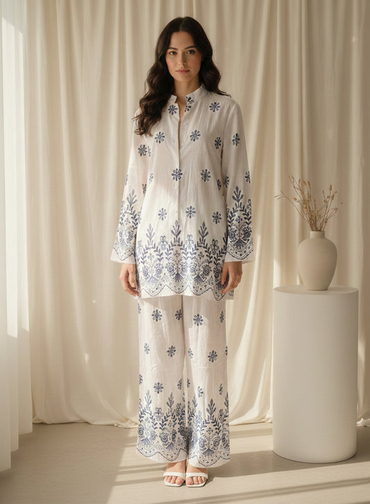 Embroidered Two-Piece Shirt & Trouser (White)