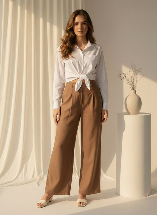 Two-Piece Tie Knot Shirt And High Waisted Trouser (Brown)