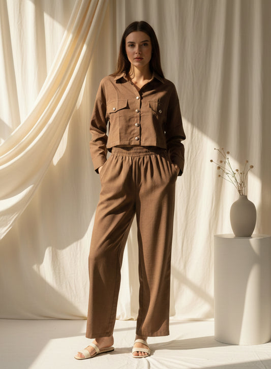 Button Down Crop Top And Trouser Set (Brown)