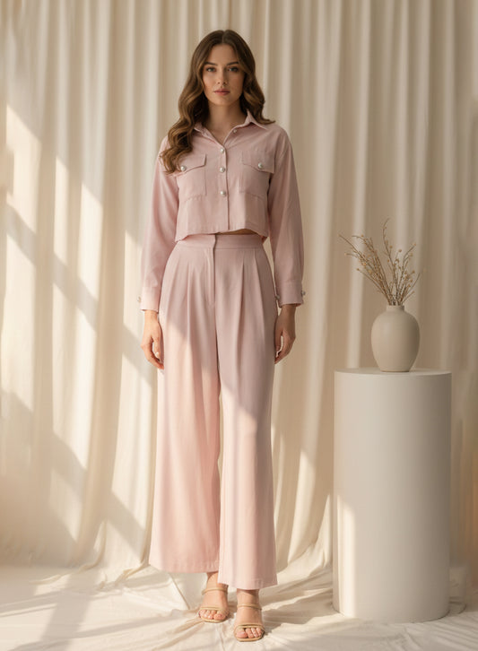Button Down Crop Top And Trouser Set (Pink)