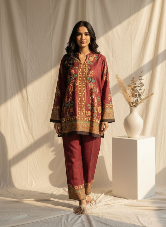 Ethnic Printed Two-Piece Kurta And Trouser (Maroon)