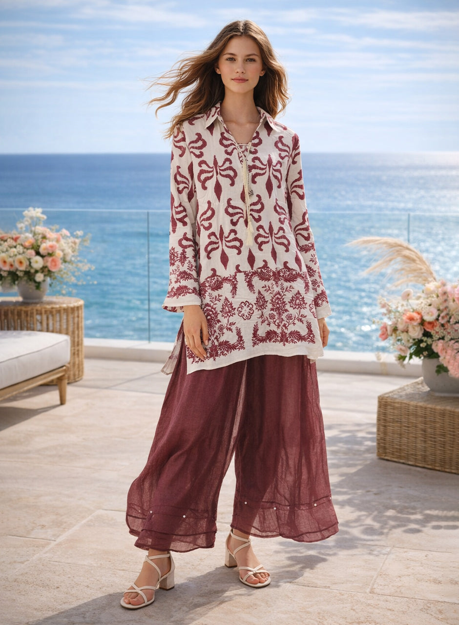 Collar Printed Two-Piece Shirt And Trouser Maroon