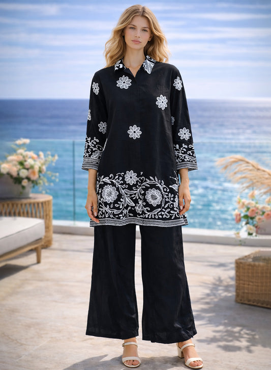 Printed Shirt And Plain Trouser Set Black
