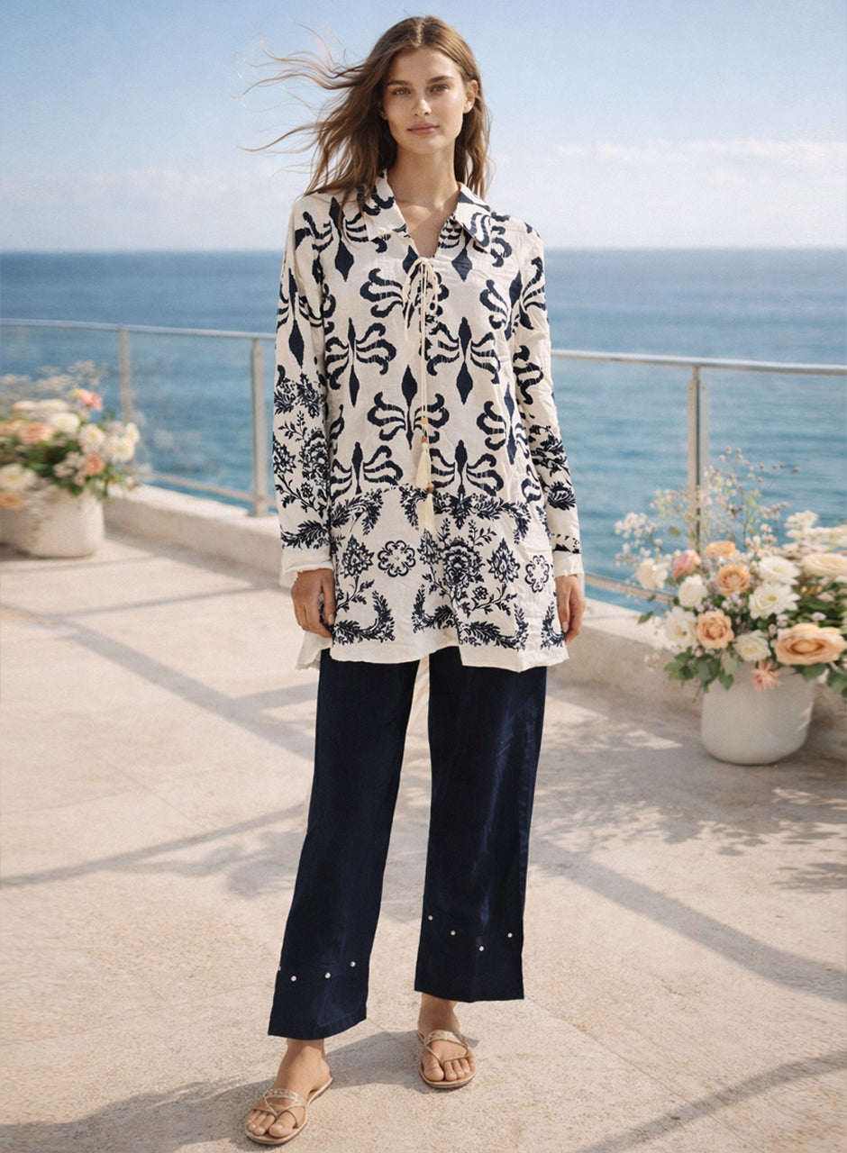 Collar Printed Two-Piece Shirt And Trouser Midnight Blue