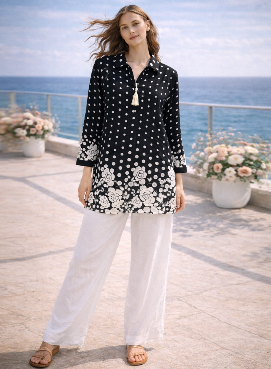 Printed Two-Piece Shirt And Trouser Navy And White