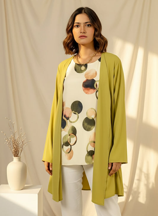 Lime Green Cardigan With Printed Inner Top