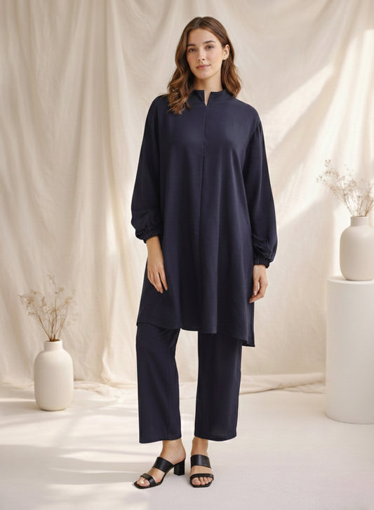 Navy Blue Two Piece Crepe (Shirt and Trouser) Co-ord