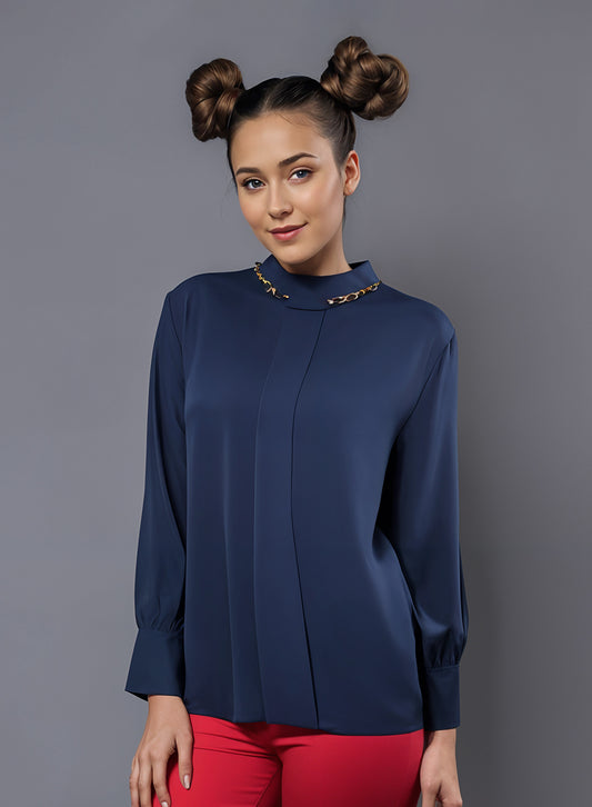 Blended Rayon Chain Top - Navy Blue