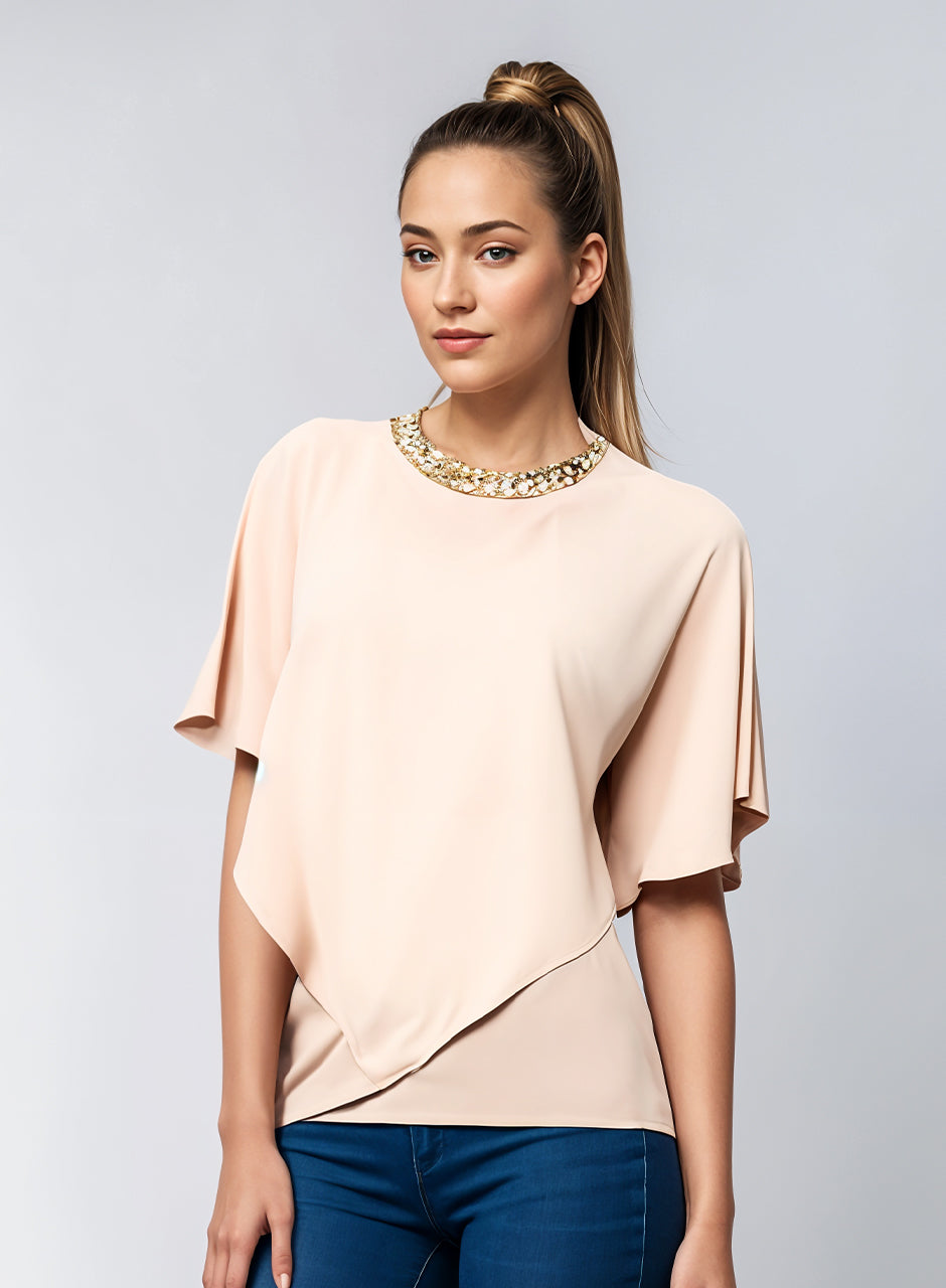 Blended Rayon Poncho Chain Top - Peach